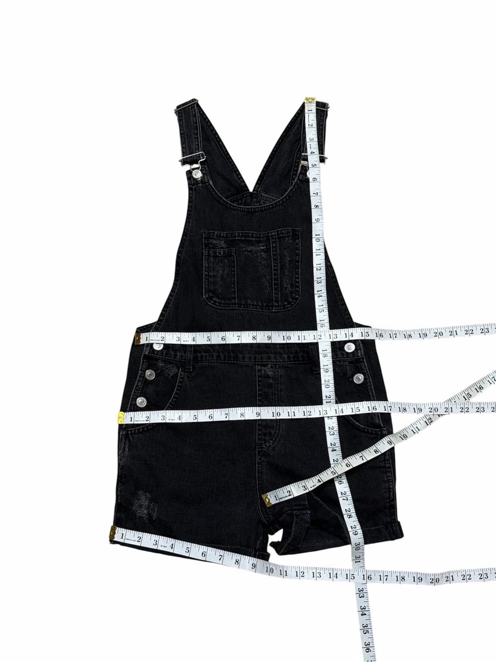 Top Shop Moto Shortalls Women’s 4 Faded Black Wash Distressed Overalls Shorts - Picture 2 of 11
